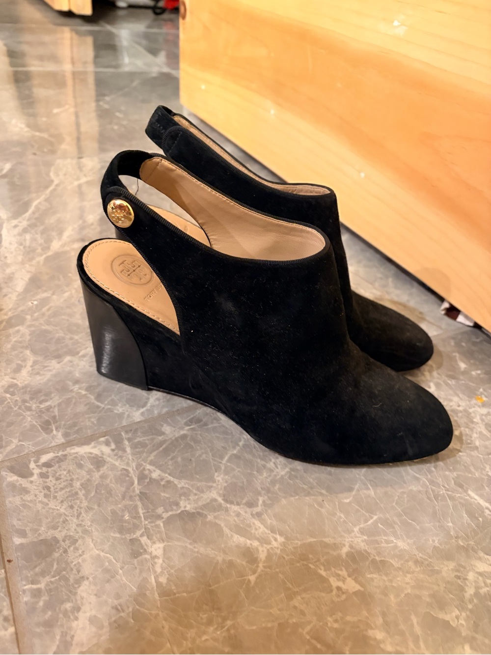 Tory Burch Black Suede Slingback Wedge Booties